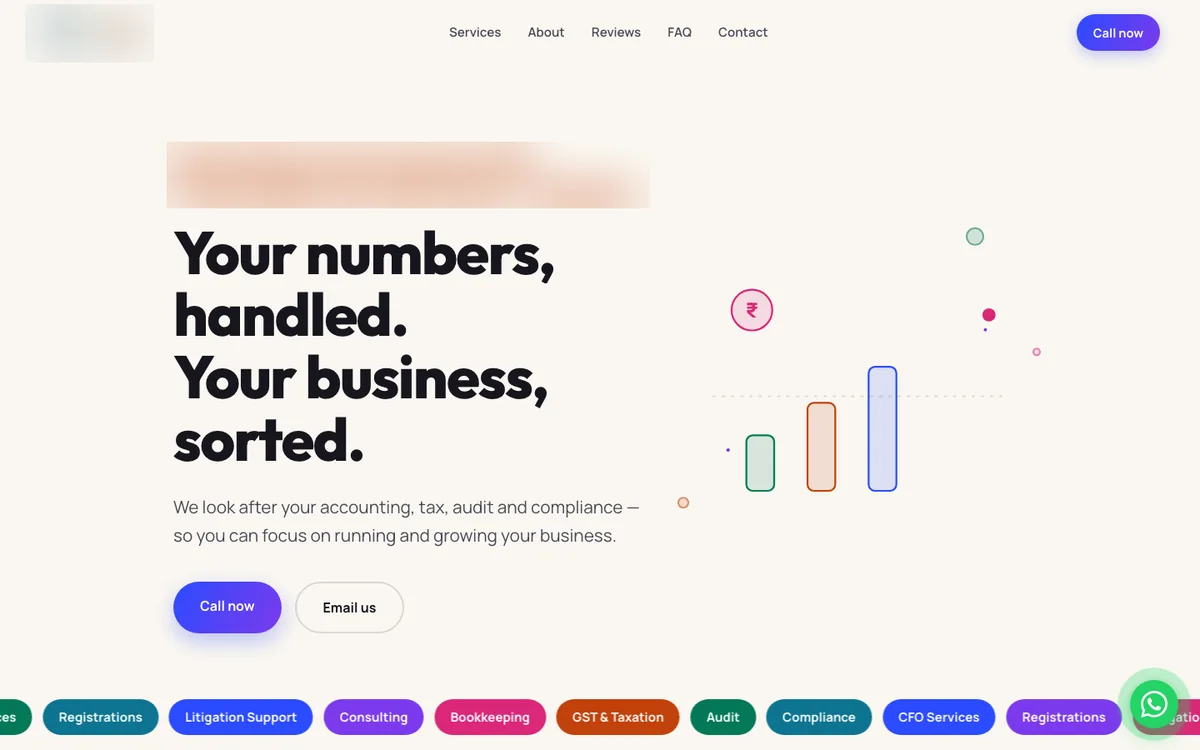 Anonymized screenshot of a one-page site for a chartered accountancy firm